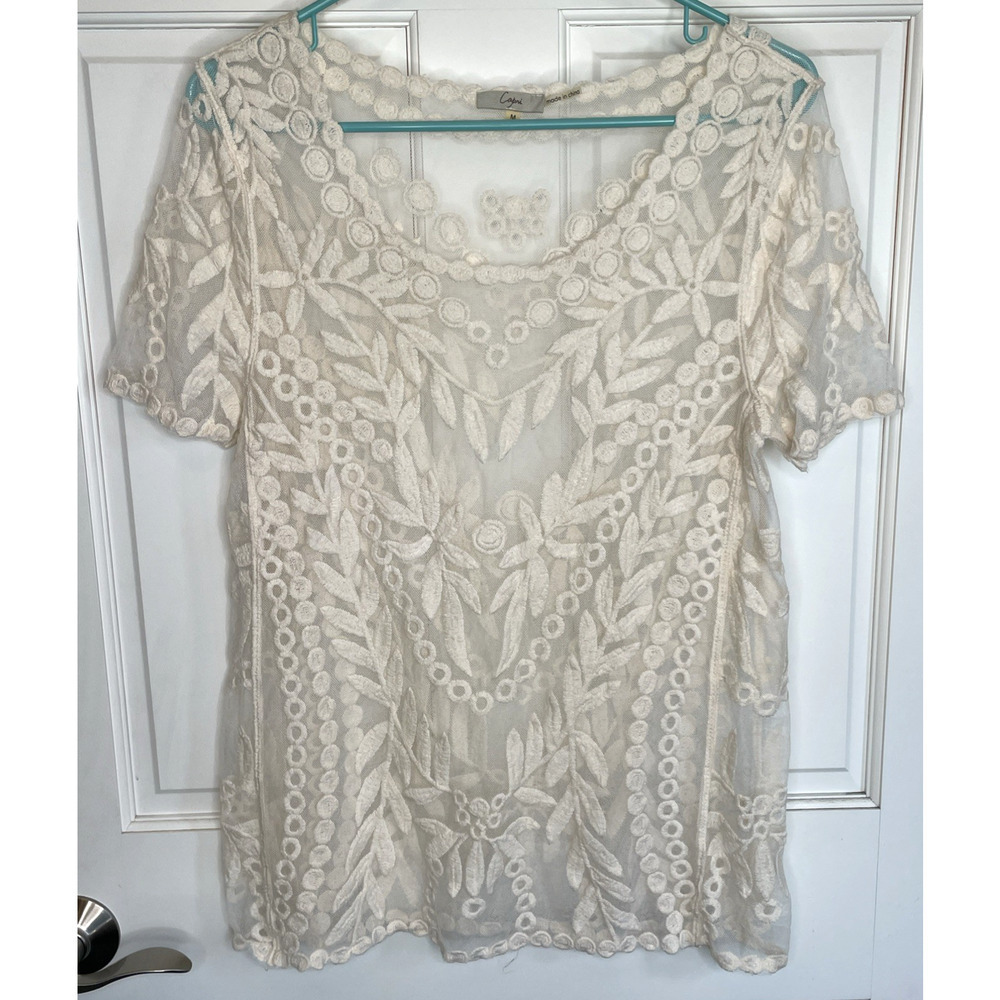 Capri Women's Sheer Embroidered Lace Blouse Top Size M Boho Peasant Festival